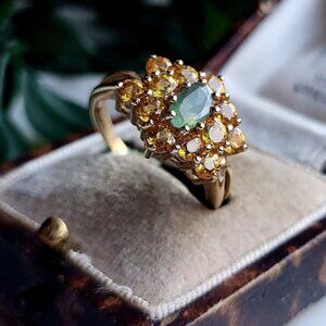 Antique Emerald Citrine Cluster Gold Ring